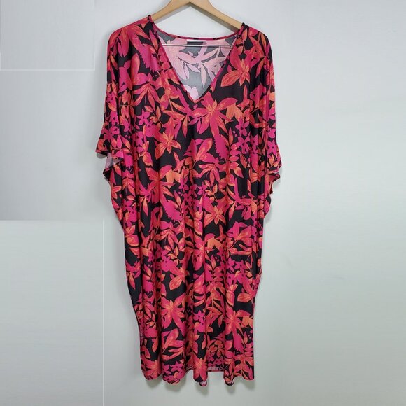 N NATORI Printed Silky Jersey Caftan Cover-Up Tropical Raspberry Multi Womens XL - Picture 1 of 9